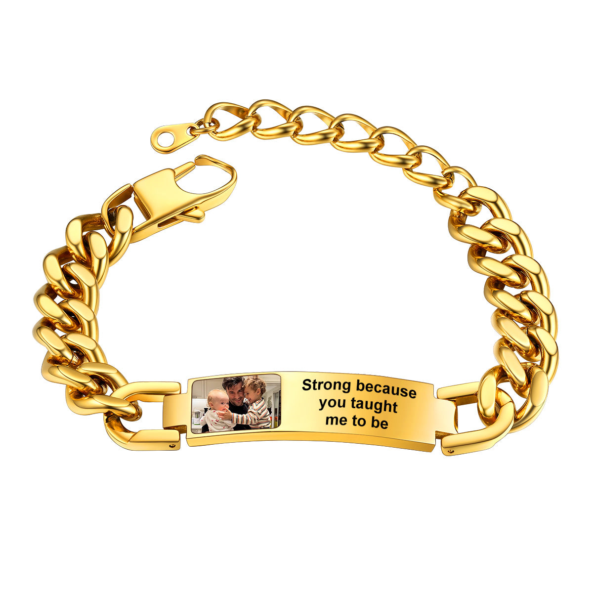 Gold photo cuban link bracelet with a photo and engraved text on a white background