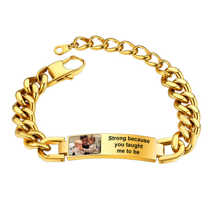 Gold photo cuban link bracelet with a photo and engraved text on a white background