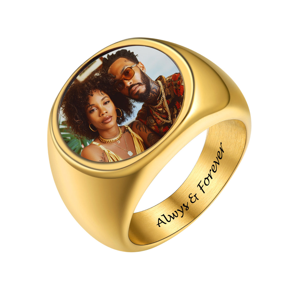 Gold photo signet ring with a photo of a couple and 'Always & Forever' engraving on a white background