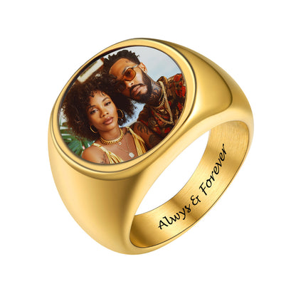 Gold photo signet ring with a photo of a couple and 'Always & Forever' engraving on a white background