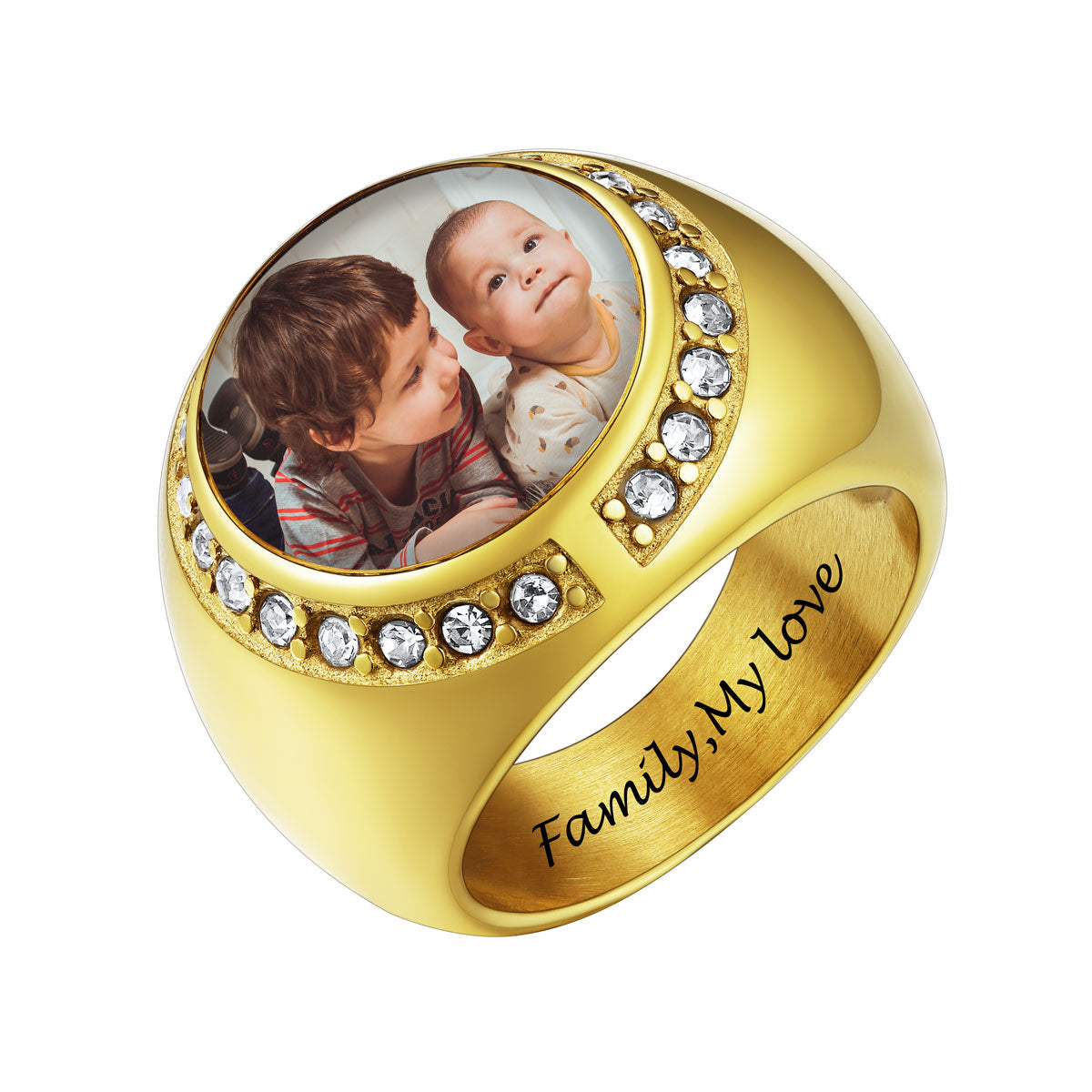 Gold picture signet ring with a heart-shaped photo insert of a man and a child, and 'Love Dad' engraving.