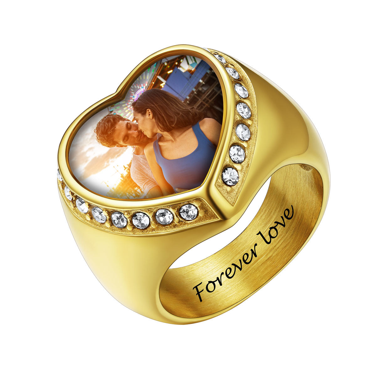 Gold picture signet ring with a photo of a couple and 'Forever Love' engraving on a white background