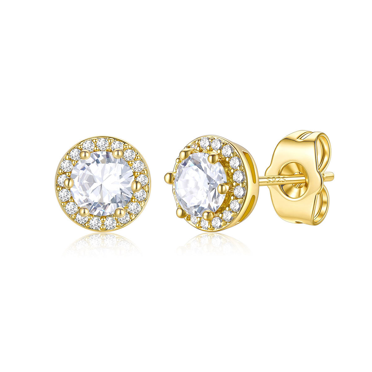Gold plated Round Cubic Zirconia Halo Stud Earrings for Men Women on a white background 0.5ct