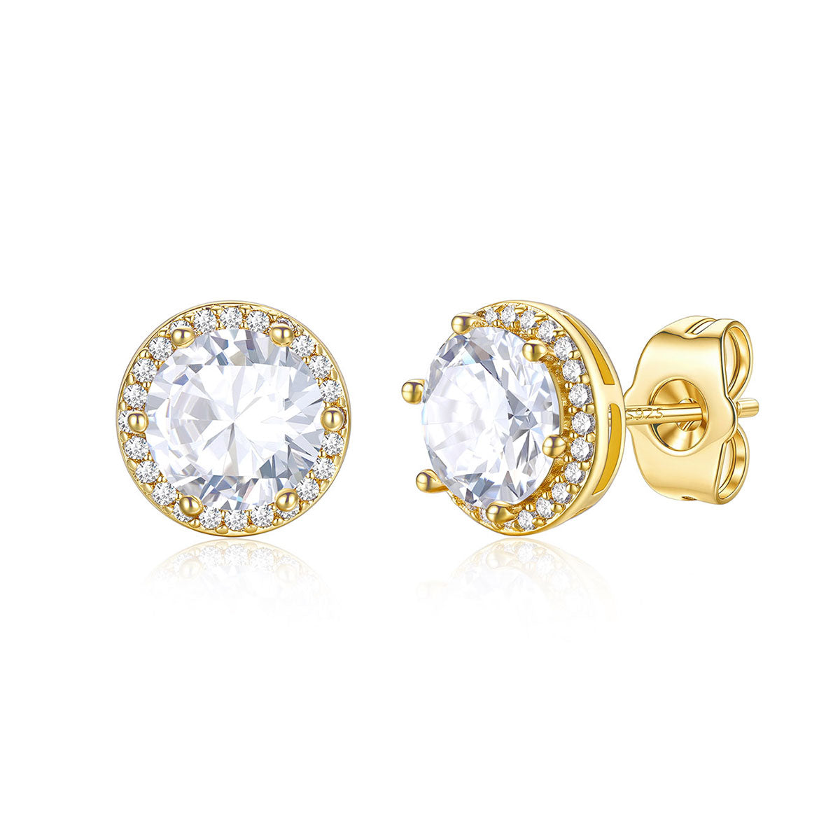 Gold plated Round Cubic Zirconia Halo Stud Earrings for Men Women on a white background 1.5ct