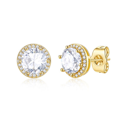 Gold plated Round Cubic Zirconia Halo Stud Earrings for Men Women on a white background 1.5ct