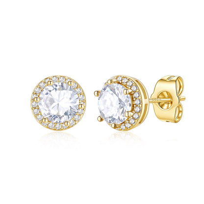 Gold plated Round Cubic Zirconia Halo Stud Earrings for Men Women on a white background 1ct