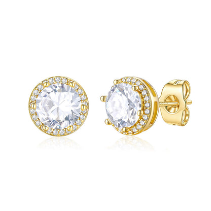 Gold plated Round Cubic Zirconia Halo Stud Earrings for Men Women on a white background 2ct