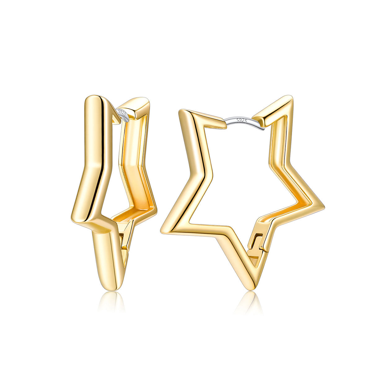 Gold plated star-shaped hoop earrings with a polished finish and a silver-tone post, shown on a clean white background with a soft reflection.
