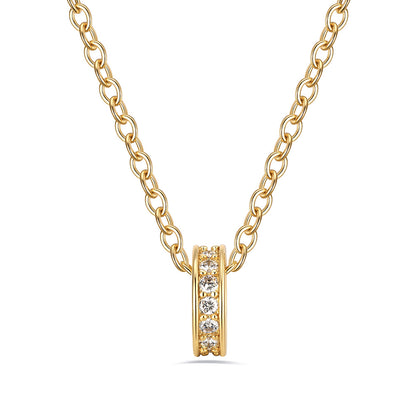 Gold stacking birthstone necklace with a small round pendant on a white background