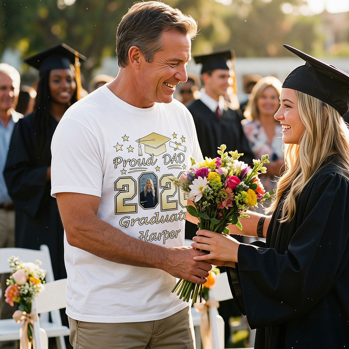 Graduation ceremony with a father and daughter, father wearing a 'Proud Dad 2026 Graduate' t shirt, daughter holding flowers.