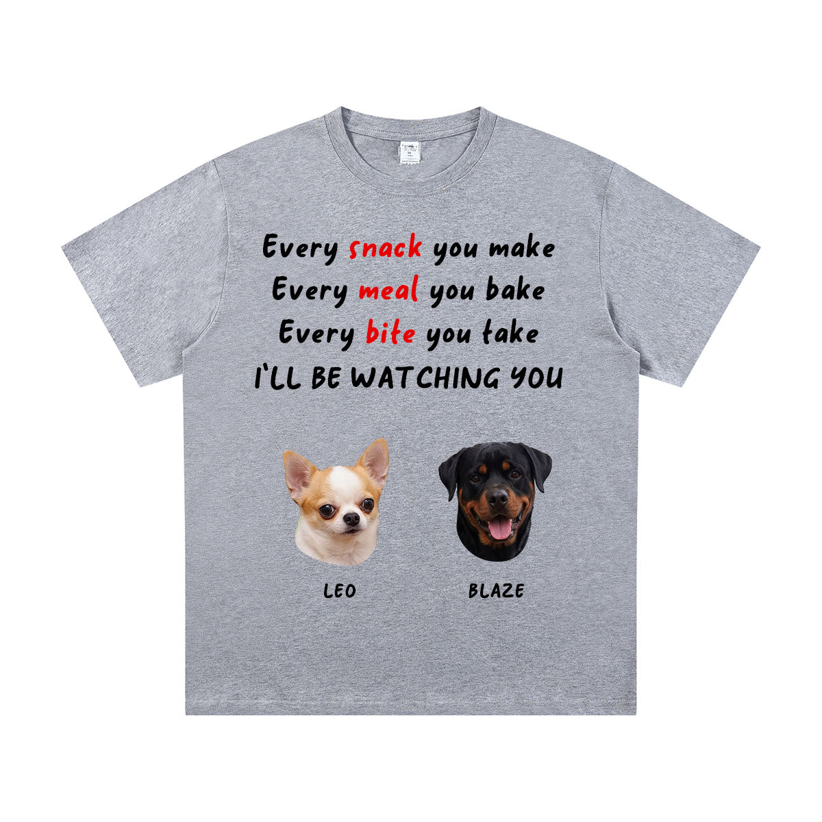 Gray t-shirt with 2 dog-themed text and images on a white background