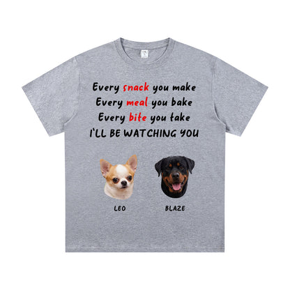 Gray t-shirt with 2 dog-themed text and images on a white background