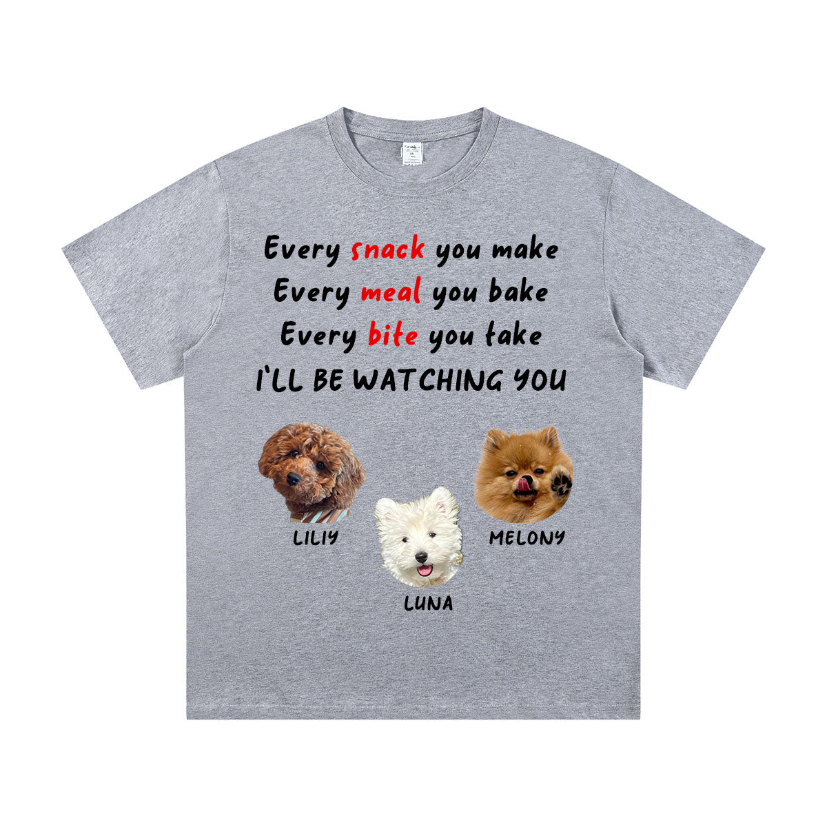 Gray t-shirt with 3 dogs illustrations and text on a white background