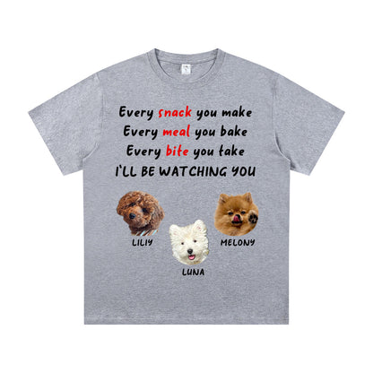Gray t-shirt with 3 dogs illustrations and text on a white background