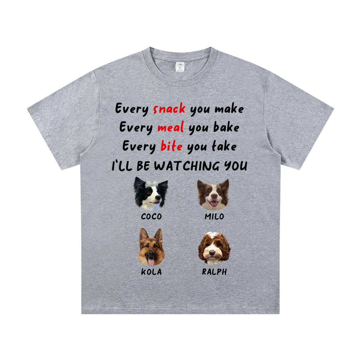 Gray t-shirt with 4 dogs illustrations and text on a white background