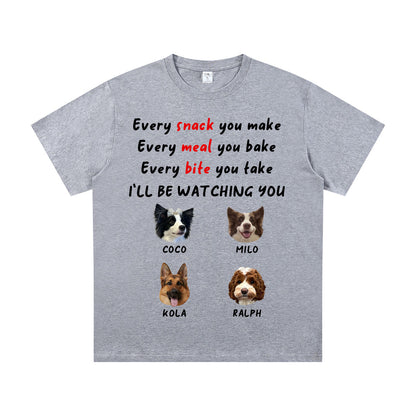 Gray t-shirt with 4 dogs illustrations and text on a white background