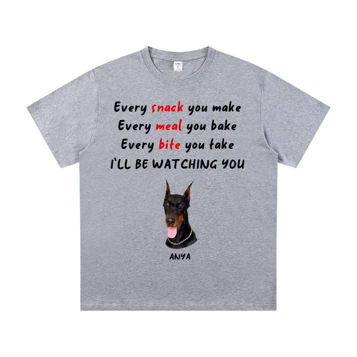 Gray t-shirt with a dog illustration and text on a white background