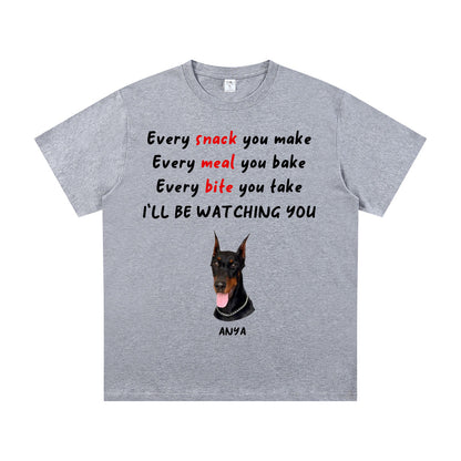 Gray t-shirt with a dog illustration and text on a white background