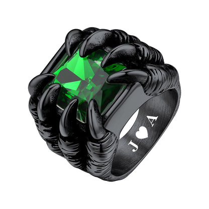 Green Stone Dragon Claw Eye Ring Black Plated