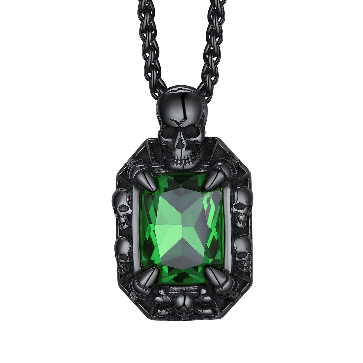Green Stone Skull Pendant Necklace Black Plated