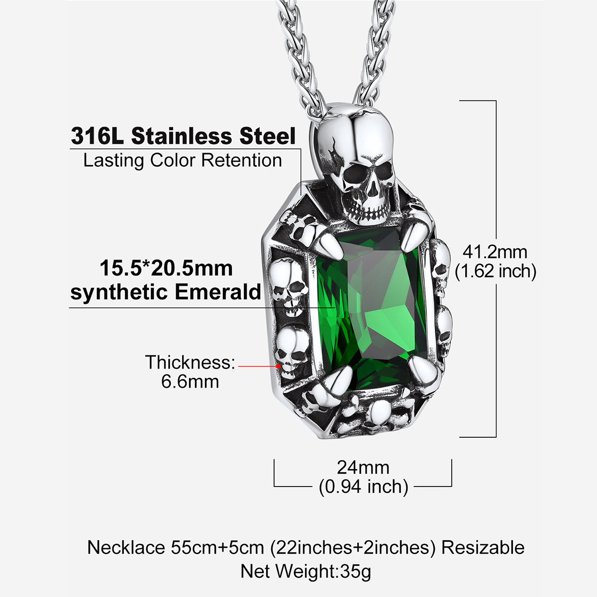 Green Stone Skull Pendant Necklace: Dimension, Solid, Durable