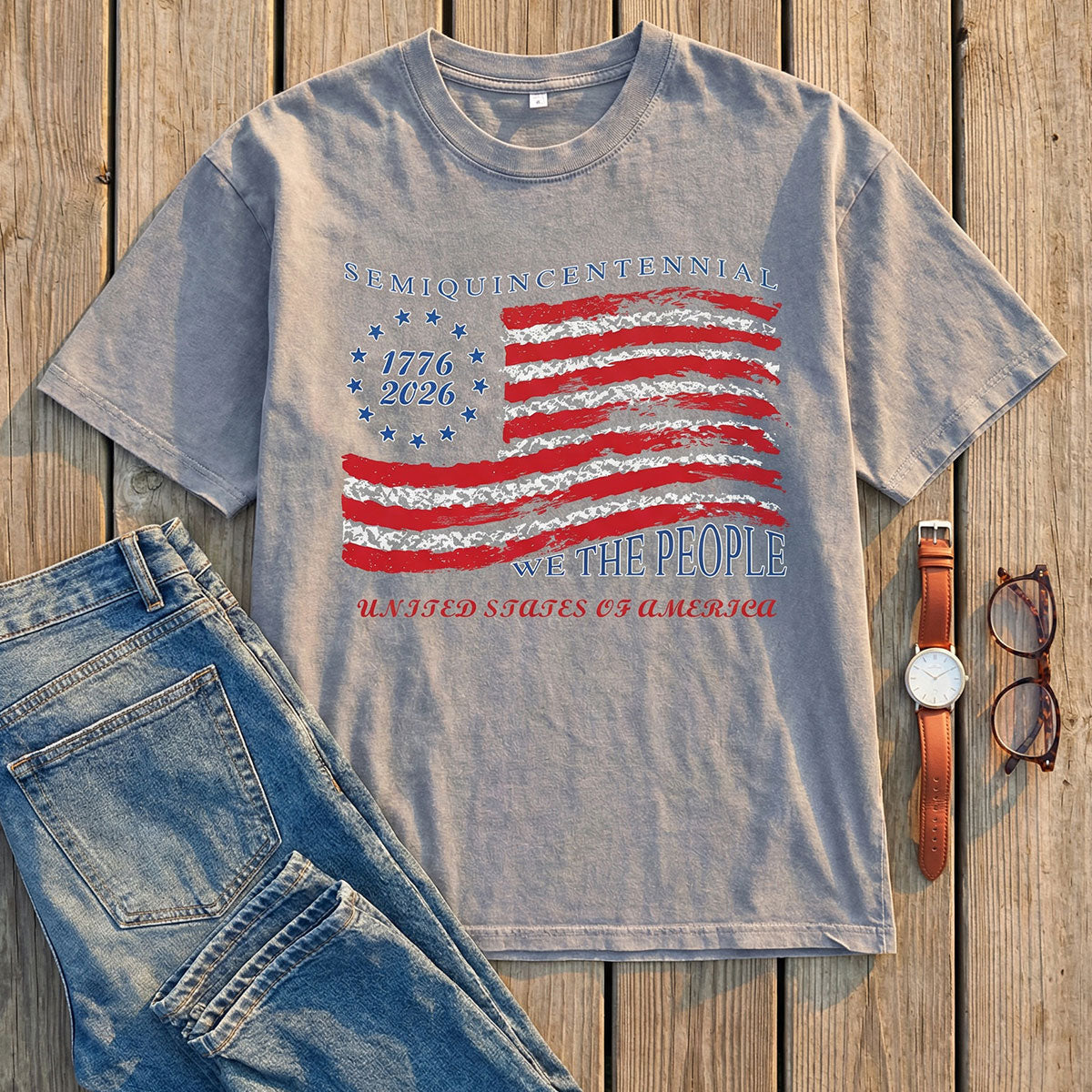 Grey American Flag 4th of July T-Shirt