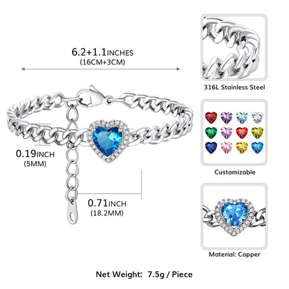 Halo Heart Birthstone Cuban Link Bracelet: Dimension, Durable