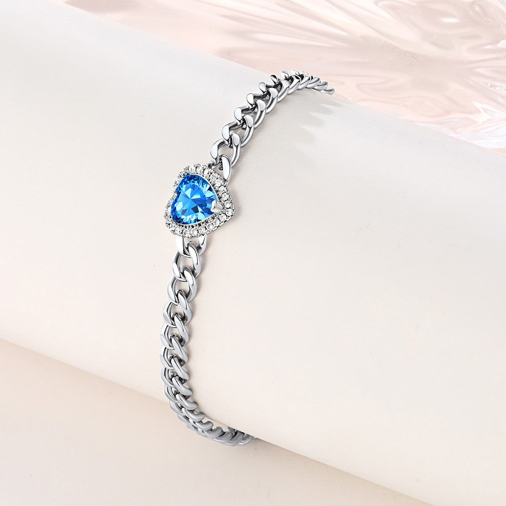 Halo Heart Birthstone Cuban Link Bracelet in Stainless Steel