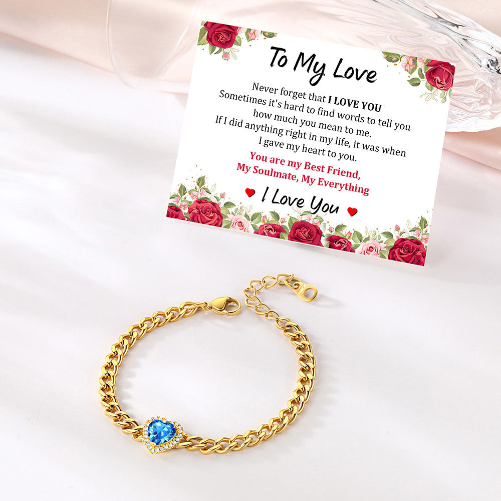 Halo Heart Birthstone Cuban Link Bracelet with greeting card
