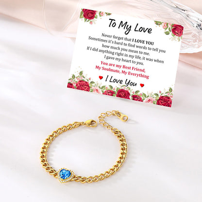 Halo Heart Birthstone Cuban Link Bracelet with greeting card