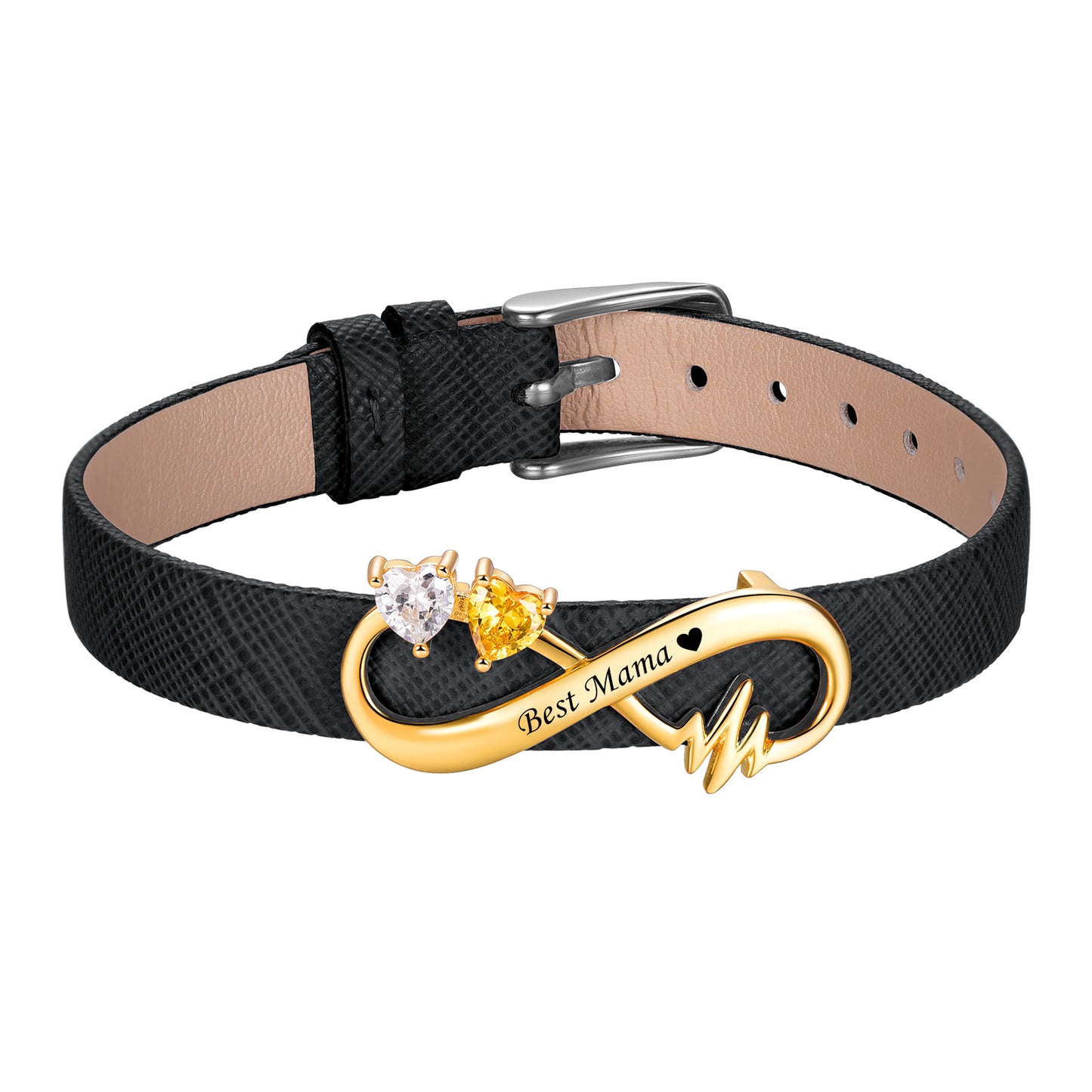 Personalized 2-Stone Heart Birthstone Infinity Leather Bracelet