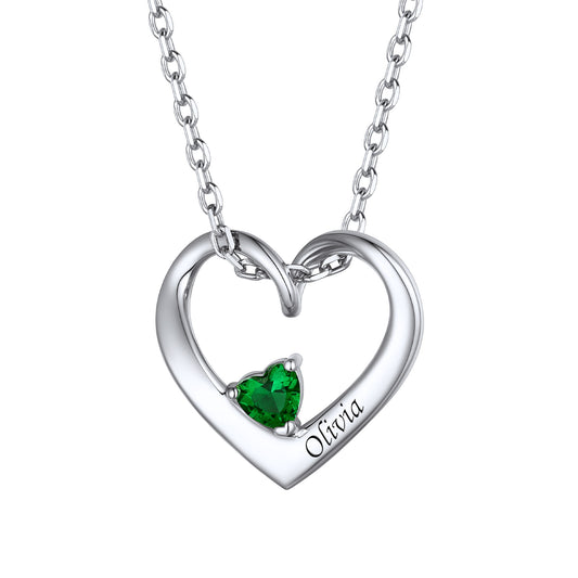 Custom Heart Birthstone Necklace Silver on a white Background