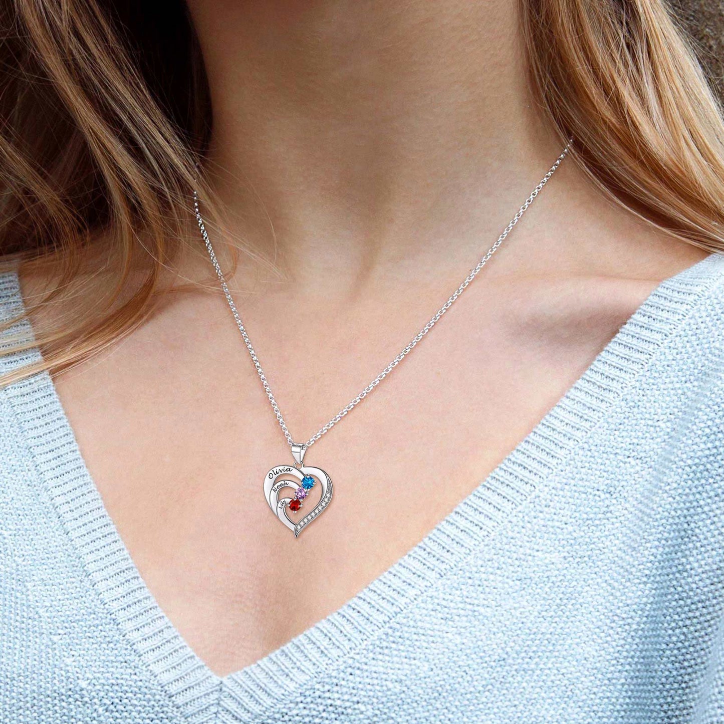 Family Birthstone Heart Necklace With Names for Women