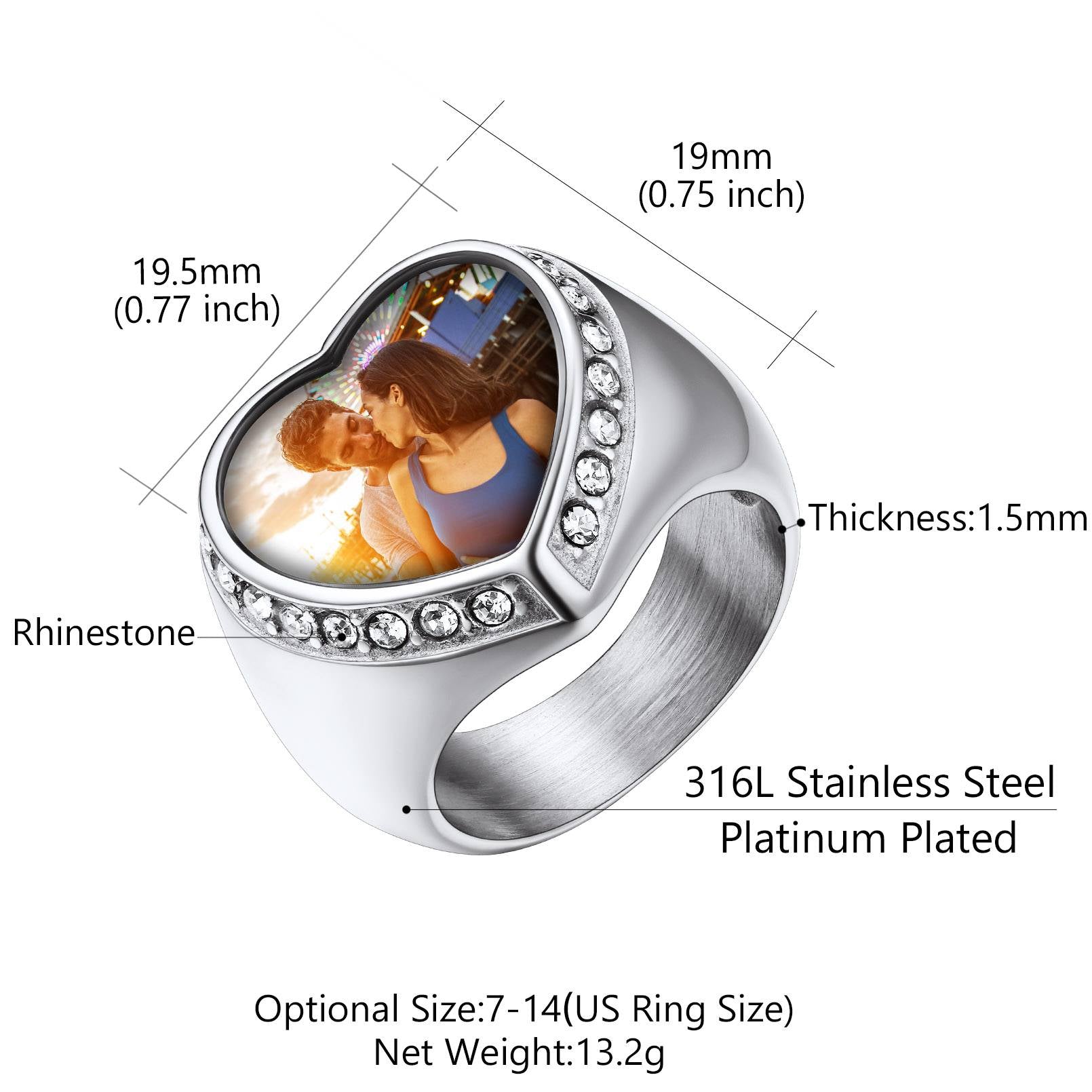 Heart-shaped signet picture ring with a photo of a couple and technical specifications on a white background