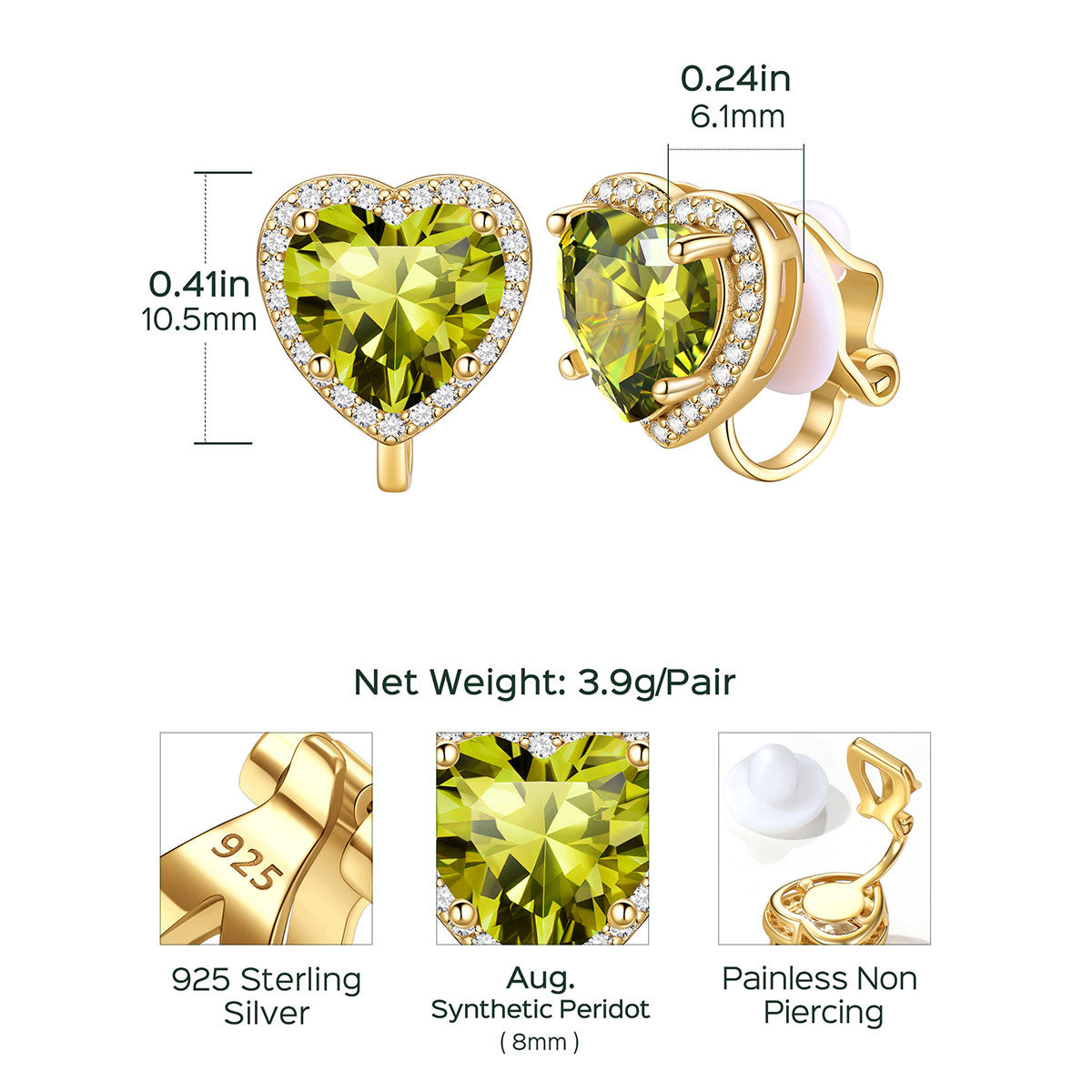 Heart Birthstone Non-Pierced Studs Dimension, Durable