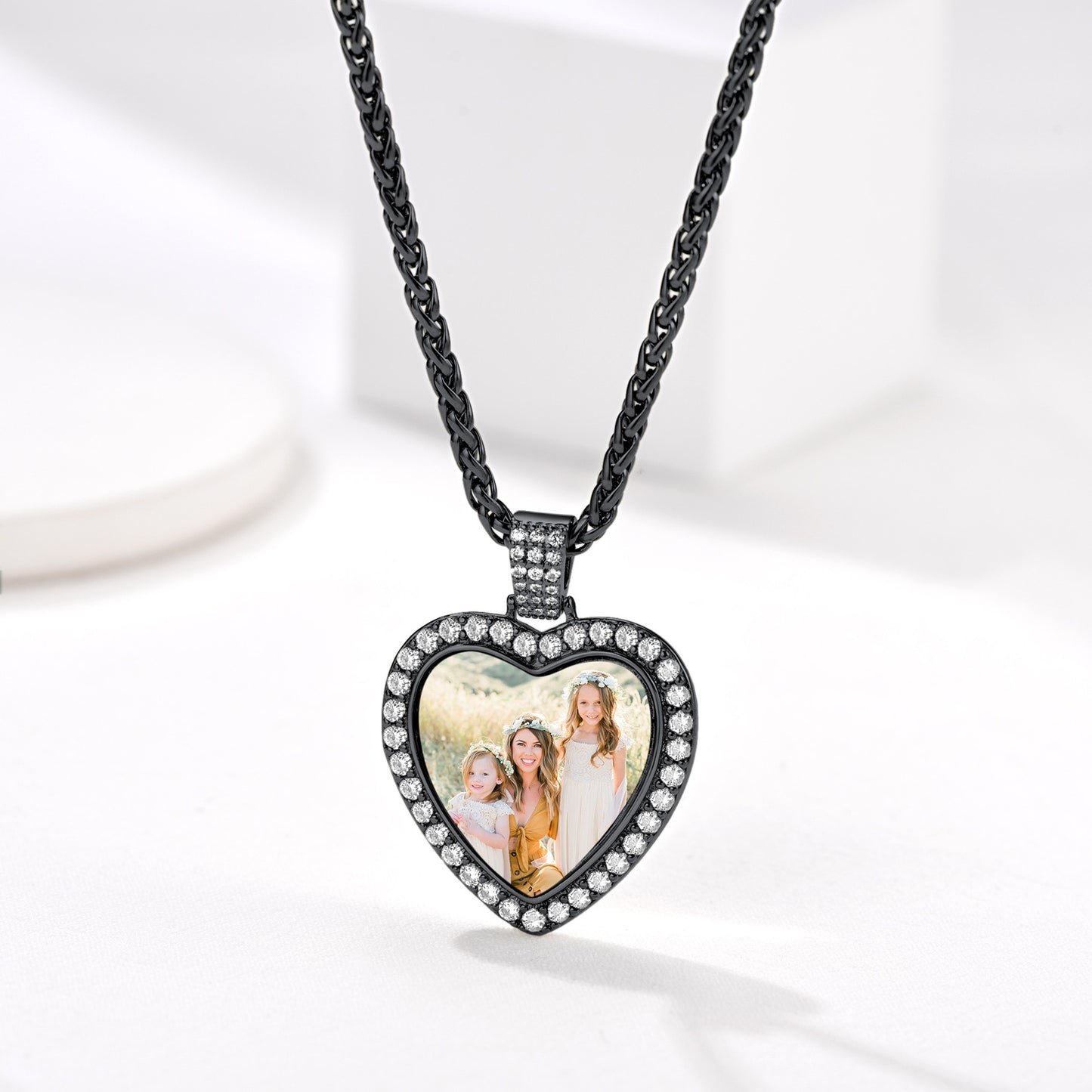 Heart Cubic Zirconia Photo Necklace Black Plated