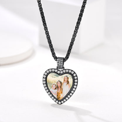 Heart Cubic Zirconia Photo Necklace Black Plated
