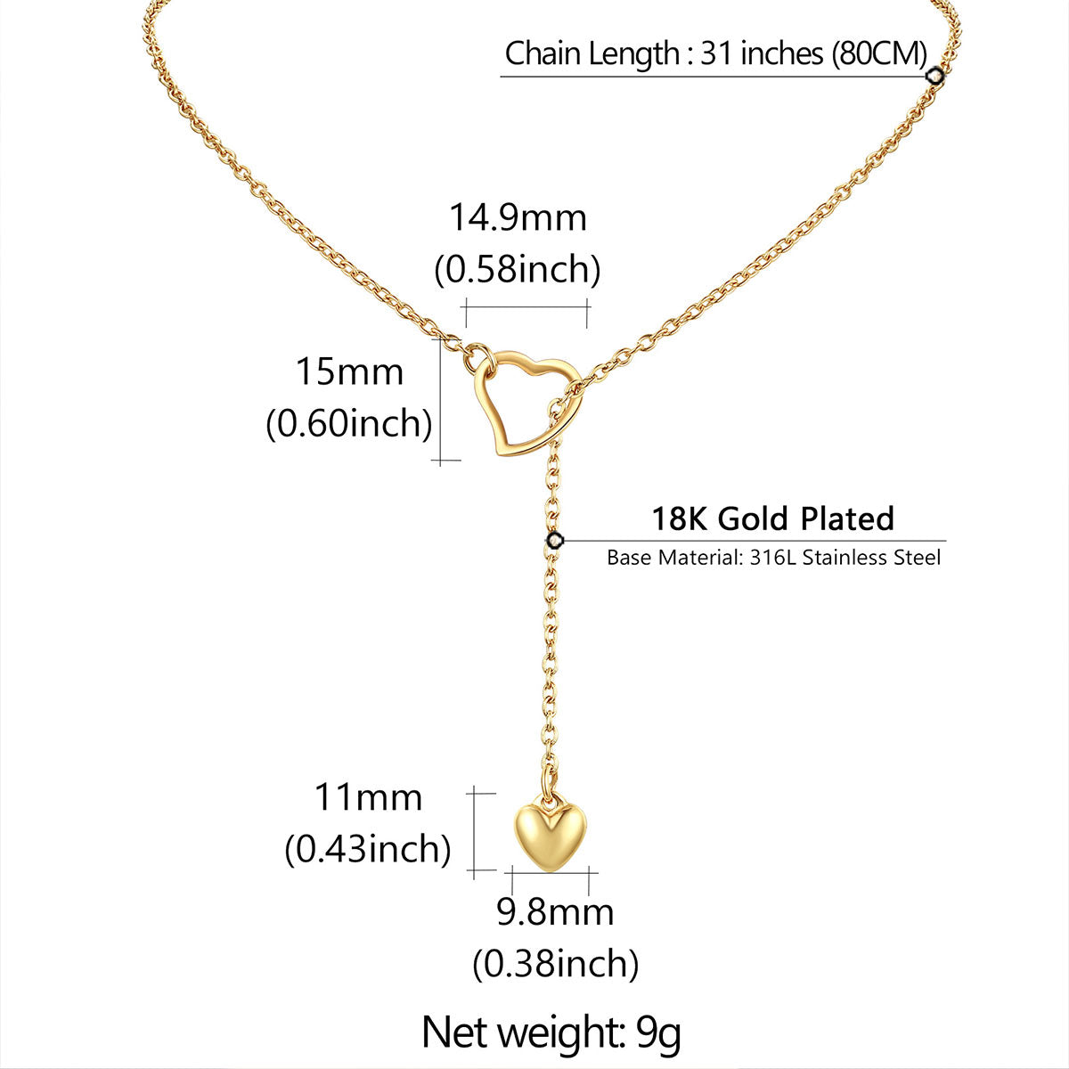 Heart Lariat Y Necklaces Adjustable Long Chain Necklace Dimension, Durable, Solid