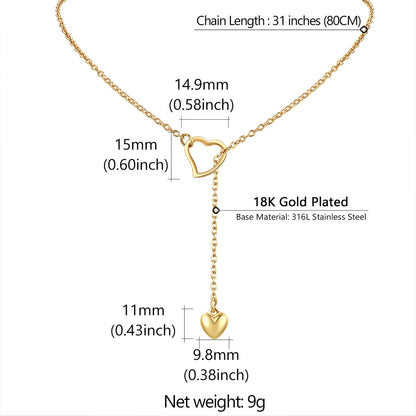 Heart Lariat Y Necklaces Adjustable Long Chain Necklace Dimension, Durable, Solid
