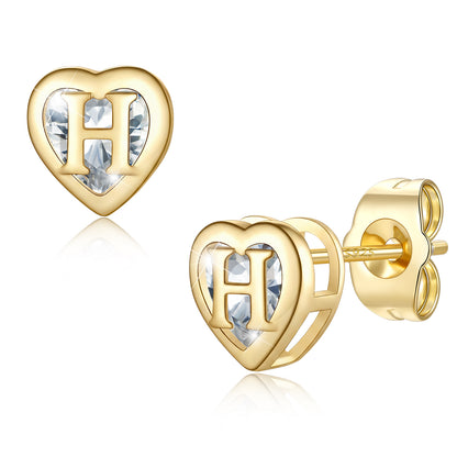 Heart Letter Initial H Cubic Zirconia Stud Earrings