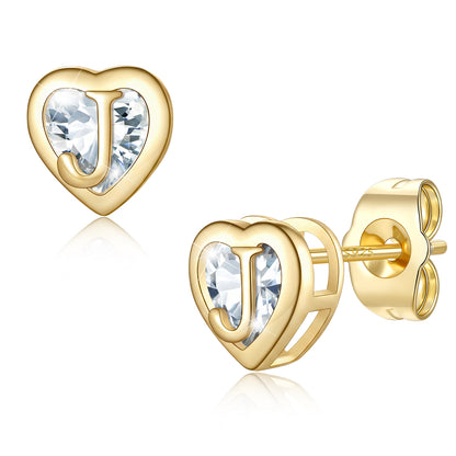 Heart Letter Initial J Cubic Zirconia Stud Earrings