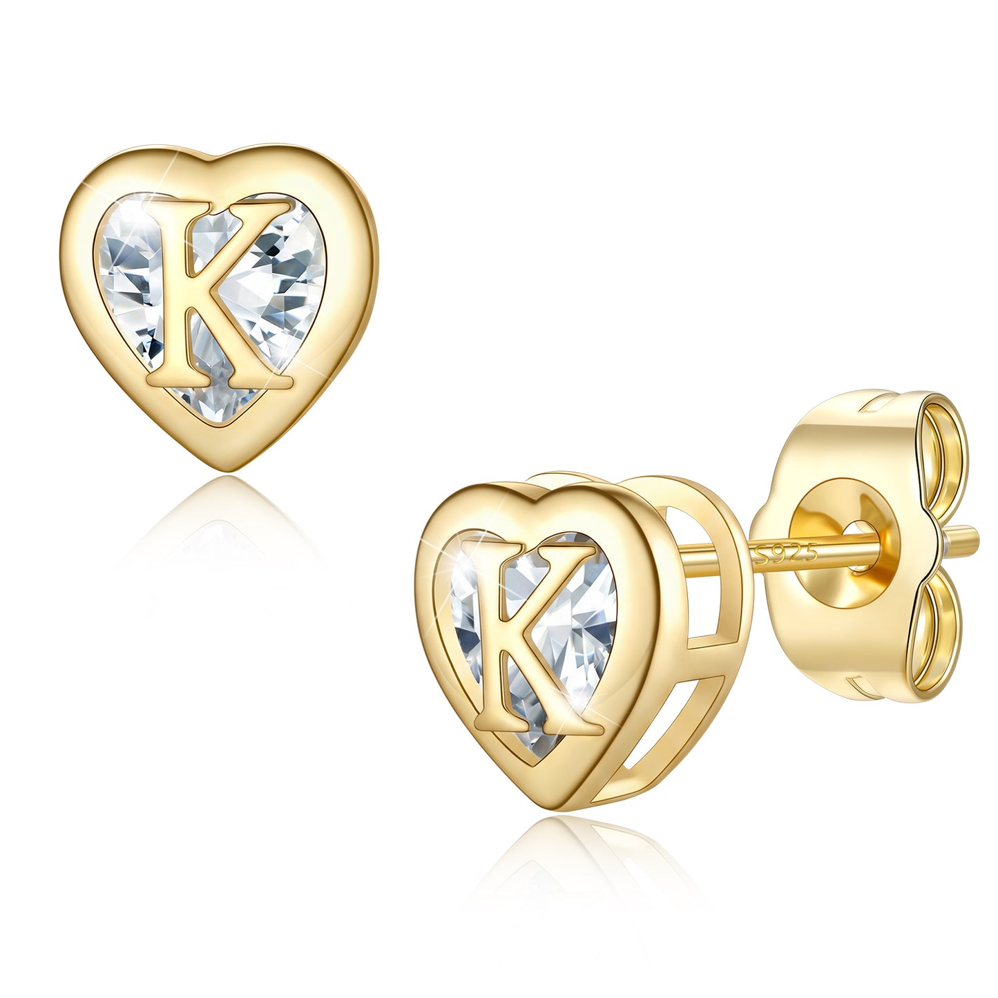 Heart Letter Initial K Cubic Zirconia Stud Earrings
