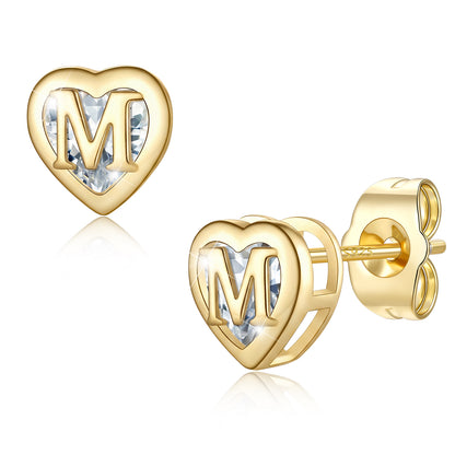 Heart Letter Initial M Cubic Zirconia Stud Earrings