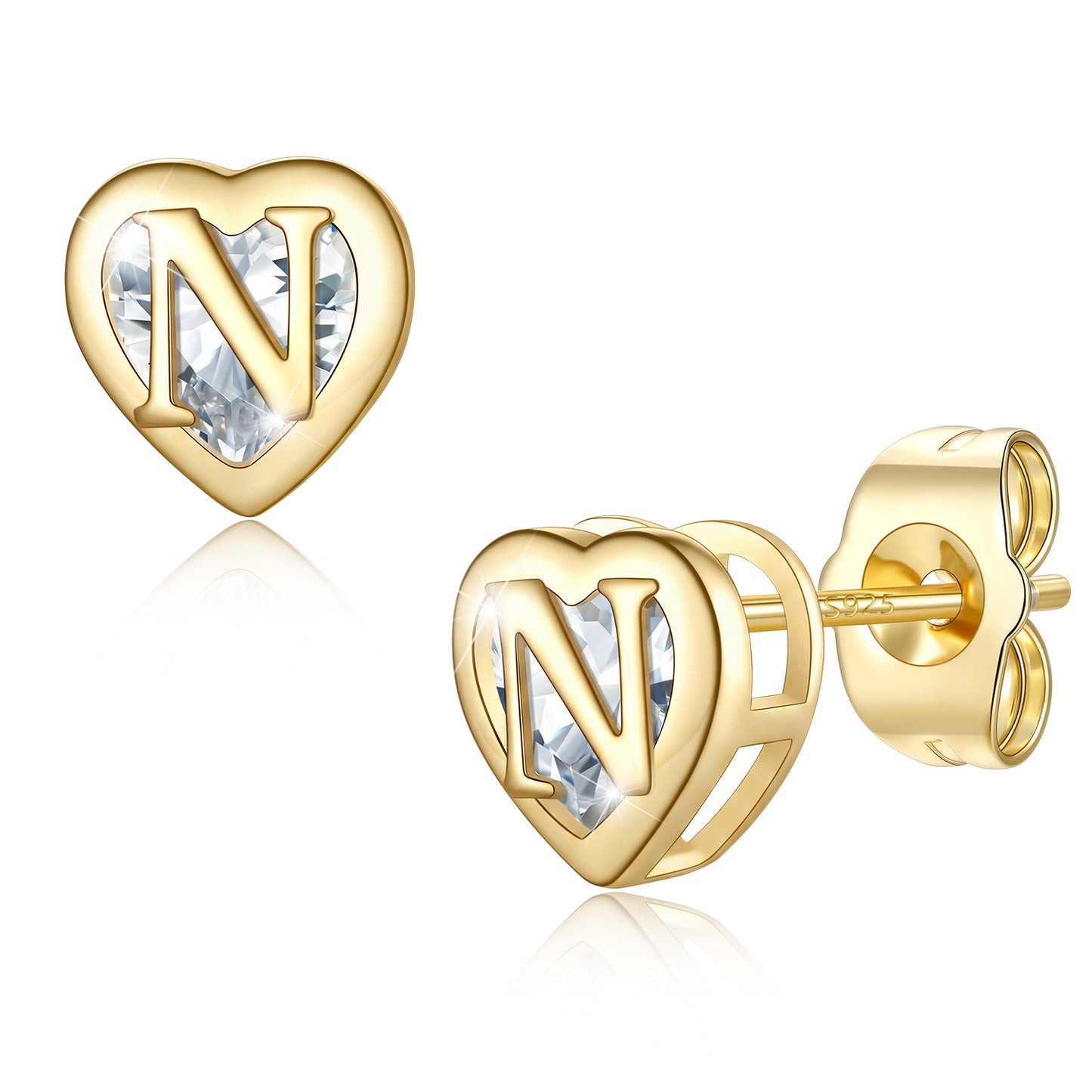 Heart Letter Initial N Cubic Zirconia Stud Earrings