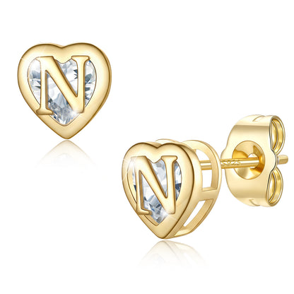 Heart Letter Initial N Cubic Zirconia Stud Earrings