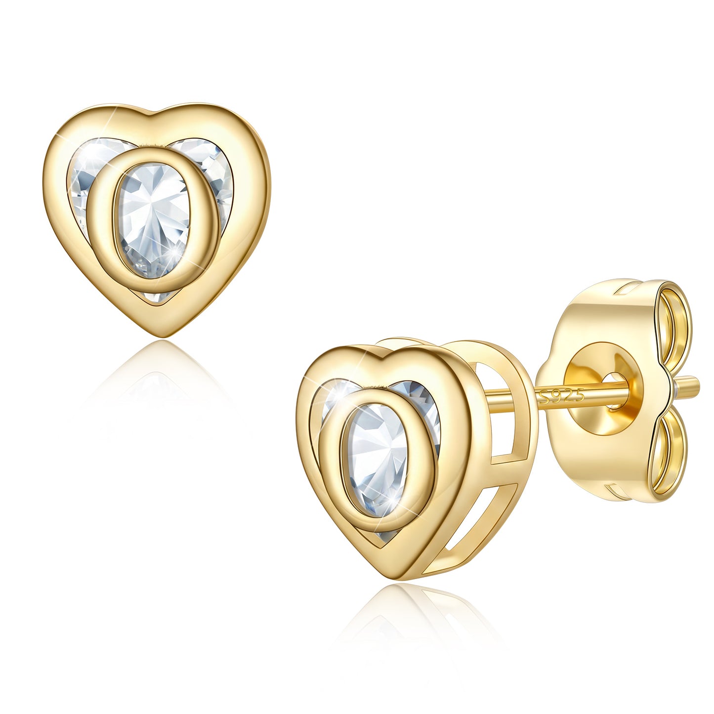 Heart Letter Initial O Cubic Zirconia Stud Earrings