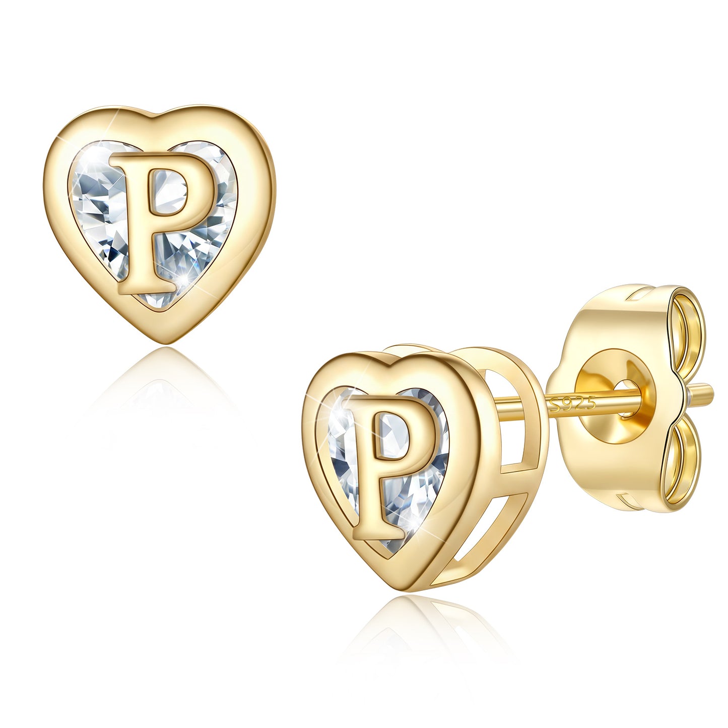 Heart Letter Initial P Cubic Zirconia Stud Earrings