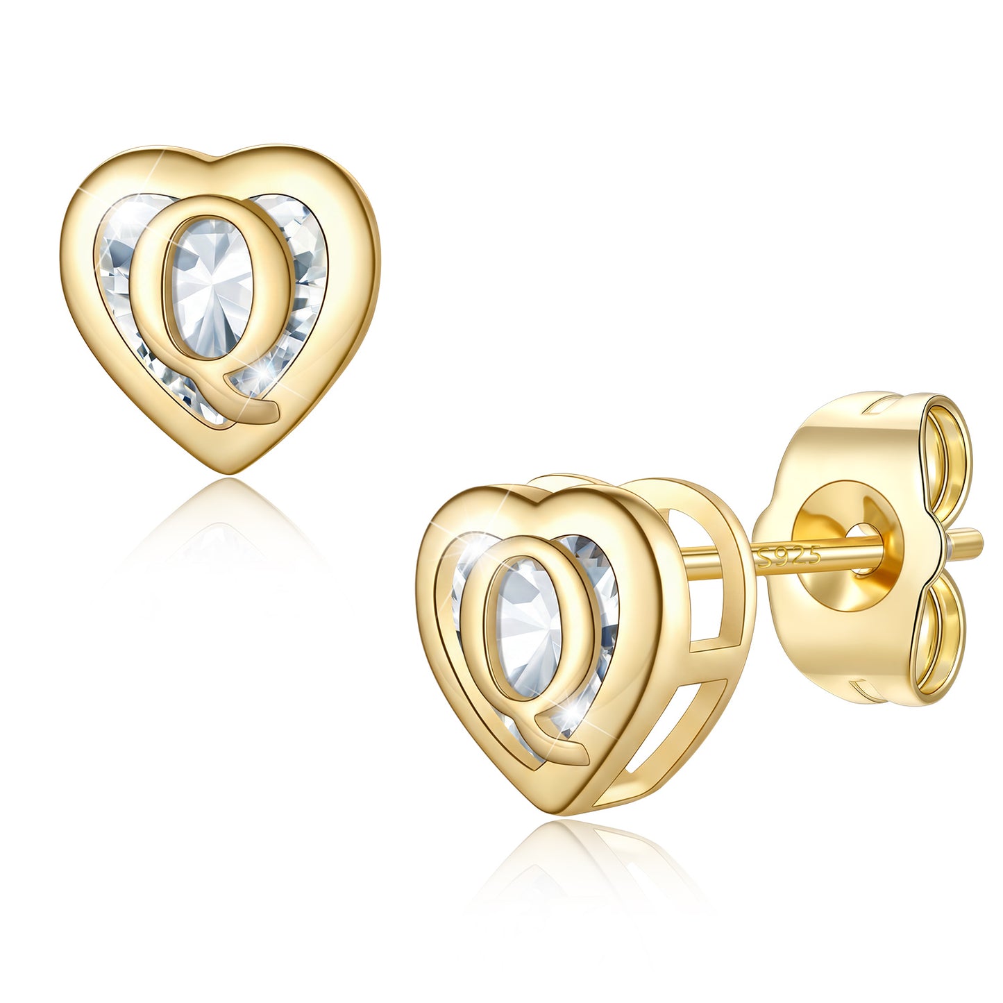 Heart Letter Initial Q Cubic Zirconia Stud Earrings