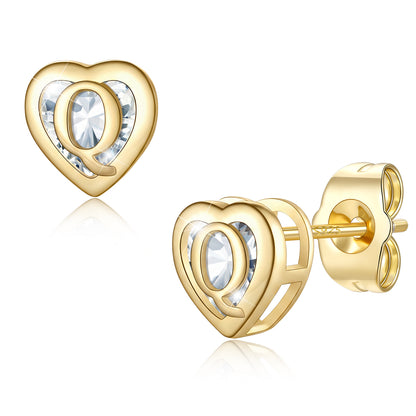 Heart Letter Initial Q Cubic Zirconia Stud Earrings