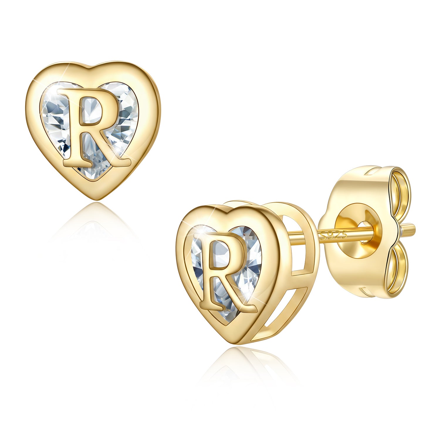 Heart Letter Initial R Cubic Zirconia Stud Earrings